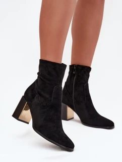 Botki Damskie Na Słupku Ze Złotym Elementem Ocieplane Czarne Amelisse