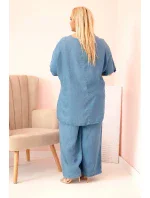 Plus size set z materiálu tencel, blúzka s viazankou a široké džínsové nohavice