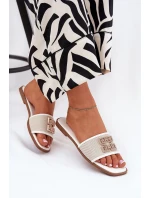 Eleganckie Klapki Damskie Z Ozdobą Na Płaskim Obcasie Białe Lovehia