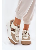 Sneakersy Damskie Na Masywnej Platformie Zwierzęcy Wzór Beżowe Telanila