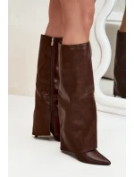 Ocieplane Kozaki Na Szpilce Z Wywiniętą Cholewką Czekoladowe Tamonia