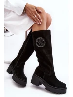 Damskie Zamszowe Kozaki Przed Kolano Czarne Lewski 3367