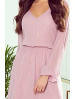 Dámske šifónové midi šaty vo špinavo ružovej farbe s výstrihom a volánikom 304-1