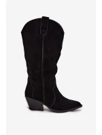 Skórzane Zamszowe Kozaki Kowbojki Damskie Ocieplane Czarne Urselle