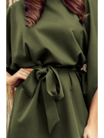 Numoco SOFIA dámske šaty so zaväzovaním v páse - khaki