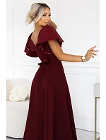 694-3 MIRELLA Elegantné maxi šaty so rozšírenou sukňou a flitrovými rukávmi – vínová 694-3 MIRELLA Elegantné maxi šaty so rozšírenou sukňou a flitrovými rukávmi – vínová