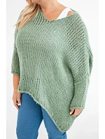 Dámsky oversized priehľadný sveter s výstrihom do V a predĺženou zadnou časťou v khaki farbe Dámsky oversized priehľadný sveter s výstrihom do V a predĺženou zadnou časťou v khaki farbe