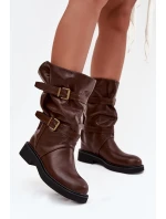 Marszczone Kozaki Damskie Do Połowy Łyski Z Paskami I Klamrami Brązowe Halvessa