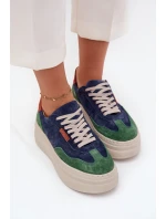 Zamszowe Sneakersy Damskie Na Platformie Zazoo N1269S3 Zielono-Granatowe