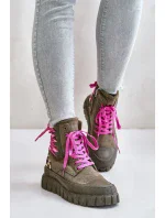 Dámske členkové topánky na platforme s ozdobným čipkovaným leopardím vzorom zelené Edidda