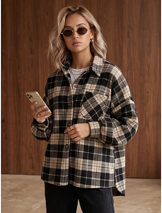 Dámska oversize košeľa s kockovaným vzorom, tmavomodrá, FashionStreet TY6048 Dámska oversize košeľa s kockovaným vzorom, tmavomodrá, FashionStreet TY6048