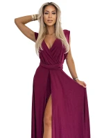 509-3 Elegantné dlhé šaty s viacerými viazaniami - Bordeaux s trblietkami