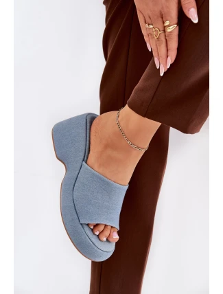 Materiałowe Klapki Damskie Na Platformie I Koturnie Jeansowe Afisal