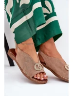 Sandały Damskie Z Ozdobą Na Płaskim Obcasie Eko Zamszowe Ciemnobeżowe Ralisses