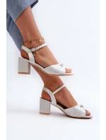 Sandały Damskie Eko Skórzane Na Słupku Z Ozdobami Srebrne Narhi