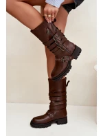 Ocieplane Kozaki Damskie Z Paskami I Klamrami Brązowe Ivaline