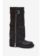 Kozaki Damskie Z Wywiniętą Cholewką Klamrą I Srebrnym Zamkiem Ocieplane Czarne Bressa