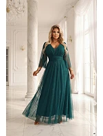 654-1 Dlhé lesklé plus size šaty s výstrihom a priehľadnými rukávmi - fľaškovo zelené 654-1 Dlhé lesklé plus size šaty s výstrihom a priehľadnými rukávmi - fľaškovo zelené
