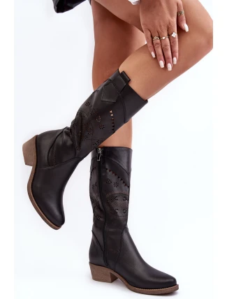 Skórzane Kozaki Z Ażurowym Wzorem Czarne Sierra