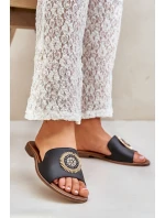 Skórzane Klapki Z Ozdobą Na Płaskim Obcasie Zazoo 3047/O Czarne