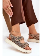 Damskie Wzorzyste Materiałowe Sandały Ze Złotymi Detalami Khaki Pefese