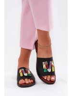 Klapki Damskie Na Płaskim Obcasie Z Ozdobą Czarne Clelione