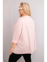 Dámska blúzka plus size s bavlnou a dlhými rukávmi a s volánom v púdrovo ružovej farbe