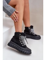 Damskie Ocieplane Botki Trapery Na Platformie Czarne Alcyhen