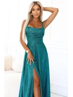 589-3 Dlhé šaty s jemnými trblietkami a korzetovým viazaním vzadu - zelené s trblietkami