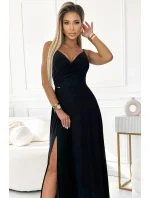 299-18 CHIARA elegantné maxi dlhé šaty bez ramienok - ČIERNE S BROKEROM