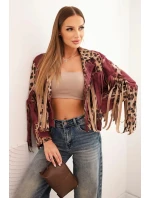 Dámska semišová bunda so strapcami s leopardím vzorom vo vínovej farbe