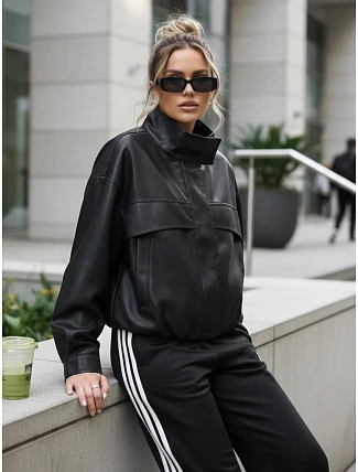 Dámska oversize kožená bunda s vysokým golierom čierna FashionStreet TY5651