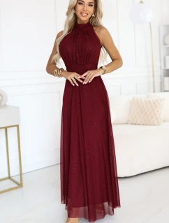 636-1 VERONICA luxusné dlhé šaty s brokátovým akcentom a elegantnou líniou - bordové