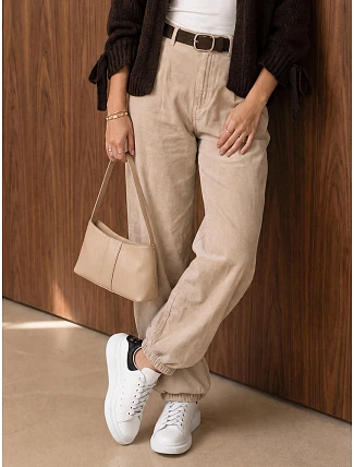 Dámske joggerové nohavice z manšestru s opaskom, béžové, FashionStreet UY3138 Dámske joggerové nohavice z manšestru s opaskom, béžové, FashionStreet UY3138