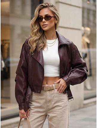 Krátka kožená bunda v štýle Ramones v bordovej farbe FashionStreet TY5846 Krátka kožená bunda v štýle Ramones v bordovej farbe FashionStreet TY5846