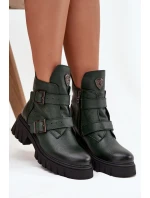 Skórzane Ocieplane Botki Damskie Z Klamrami I Ozdobnym Detalem Zazoo 60482 Ciemnozielone