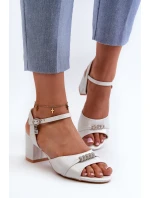 Sandały Damskie Eko Skórzane Na Słupku Z Ozdobami Srebrne Narhi