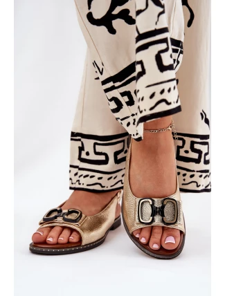 Płaskie Sandały Z Ozdobą Eko Skórzane Złote Lilria
