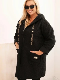 Dámske Plus veľkosť Faux Shearling kabát s kapucňou a vreckami čierna