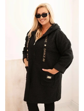 Dámske Plus veľkosť Faux Shearling kabát s kapucňou a vreckami čierna Dámske Plus veľkosť Faux Shearling kabát s kapucňou a vreckami čierna