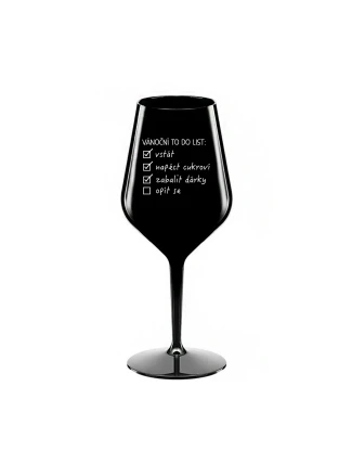 VÁNOČNÍ TODO LIST - černá nerozbitná sklenice na víno 470 ml