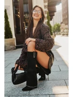 Kozaki Damskie Z Wywiniętą Cholewką Na Słupku Czarne Kaithena