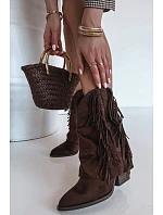 Dámské kožené boty s třásněmi na podpatku čokoládové Gralina