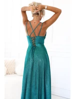 589-3 Dlhé šaty s jemnými trblietkami a korzetovým viazaním vzadu - zelené s trblietkami