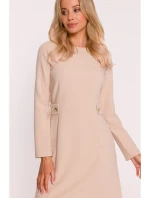 S419 Šaty s ozdobnými gombíkmi v páse - béžové