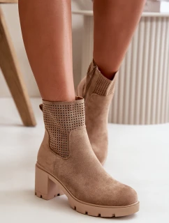Botki Damskie Na Słupku Zapinane Na Zamek Eko Zamszowe Beżowe Rashmi