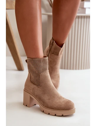 Botki Damskie Na Słupku Zapinane Na Zamek Eko Zamszowe Beżowe Rashmi