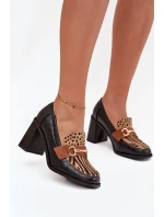 Półbuty Damskie Na Słupku Z Tłoczeniem I Złotym Detalem Czarno-Beżowe Novella