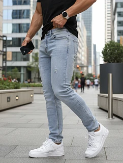 Pánske slim fit džínsy s odieraním svetlo modrá FashionStreet UX4488