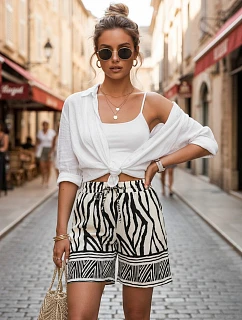 Dámske letné šortky s viazaním a čierno-bielou potlačou FashionStreet SY0541